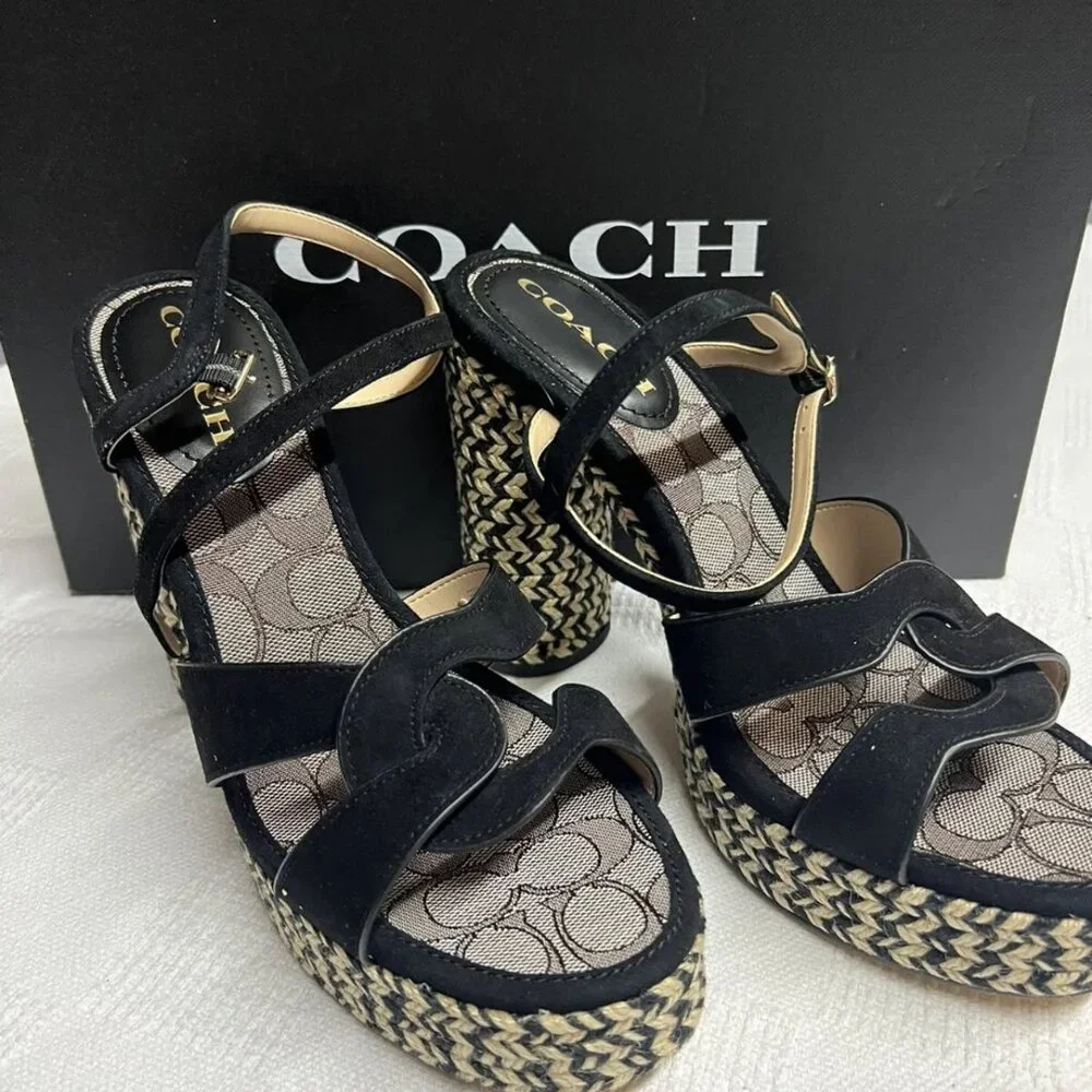 Coach Talina Black Platform Espadrille Sandals Shoes Pumps Heels 9.5 B‎ NEW